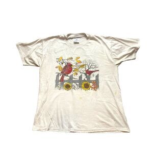 Vintage Red Cardinals Shirt Womens Large Beige Artsy‎ Art Naturecore Nature Lady